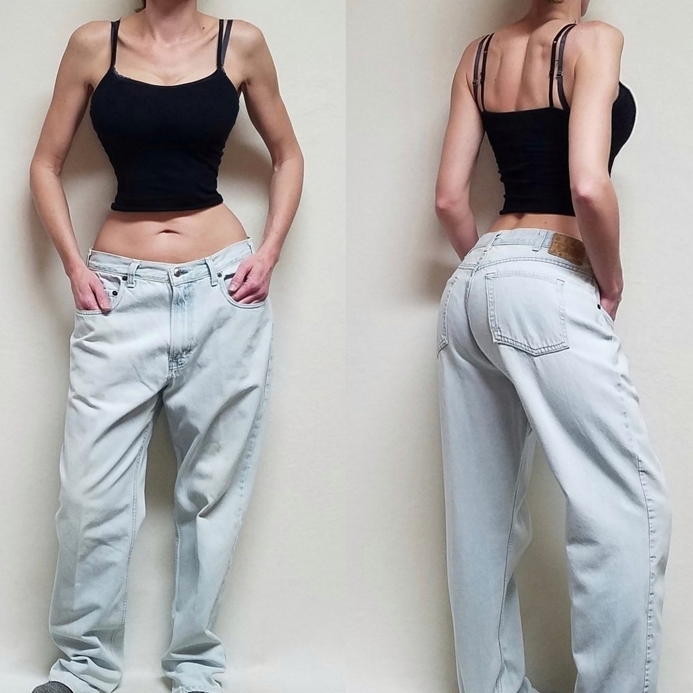 Vintage 1990s GAP Stone Wash High Rise Distressed Tapered Leg Loose Fit Jeans